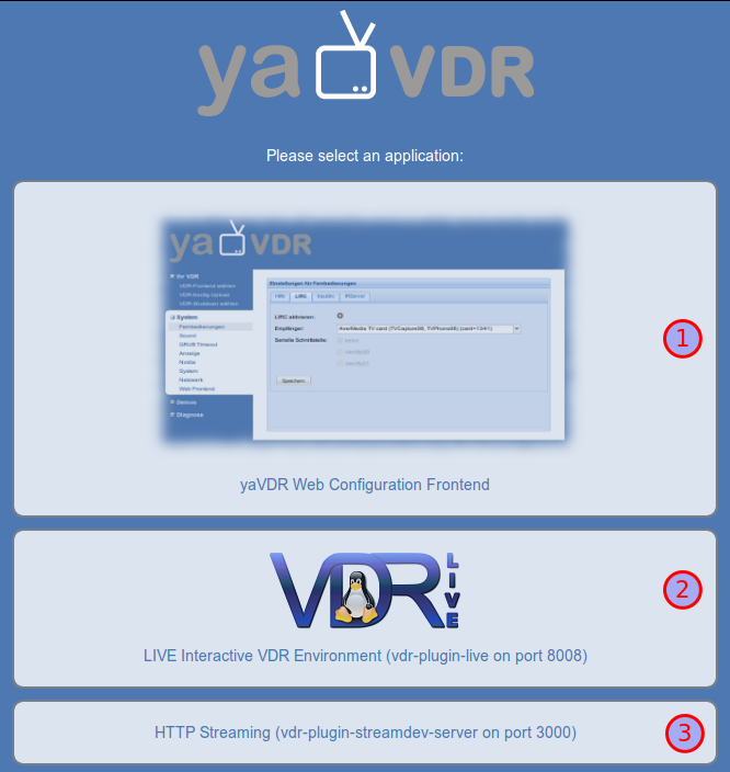 Front page of the yaVDR Web Frontend