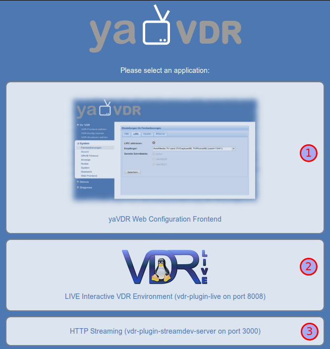 Startseite des yaVDR-Webfrontend